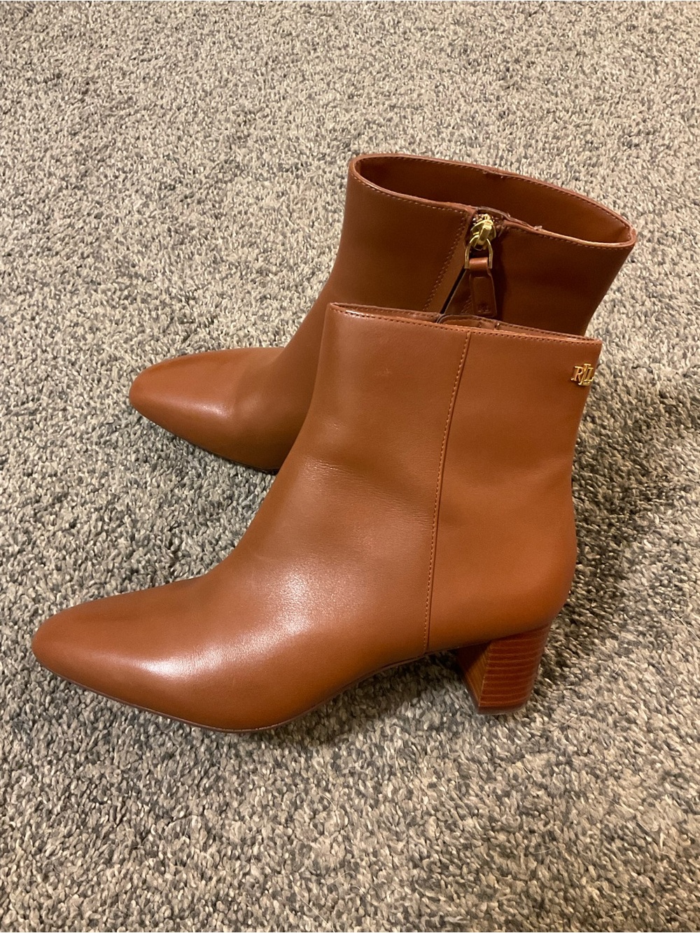 Lauren Ralph Lauren Demi Leather Ankle Boots Brown Block Heel Square Toe Size 8
